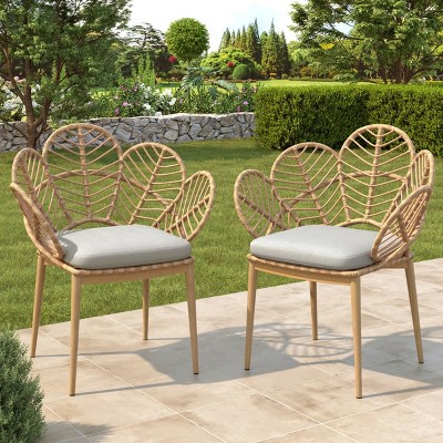 Set of 2 Outdoor Papasan Style Dining Chairs,Peacock Back Rattan Accent Chairs with Cushion,Woven Rattan Frame with Teak Style Legs-The Pop Home