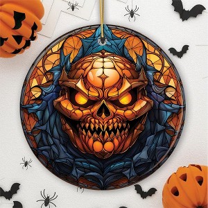 Pumpkin Skull with Glowing Red Eyes Stained Glass Style Ceramic Ornament, Halloween Themed Christmas Gift and Decor| OrnamentallyYou - 1 of 4