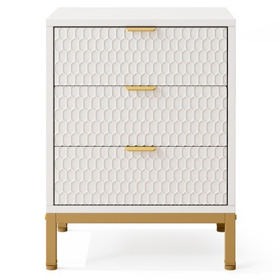 Lirago White Modern Nightstand 25.8" H E1 Particle Board Metal Base 3 Drawers 19.7x15.7 Bedside Table