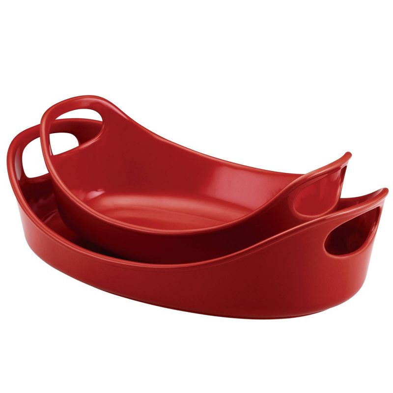 Rachael Ray Ceramic 1.25qt &#38; 2.25qt Oval Baker Bubble &#38; Brown Set Classic Red, 1 of 10
