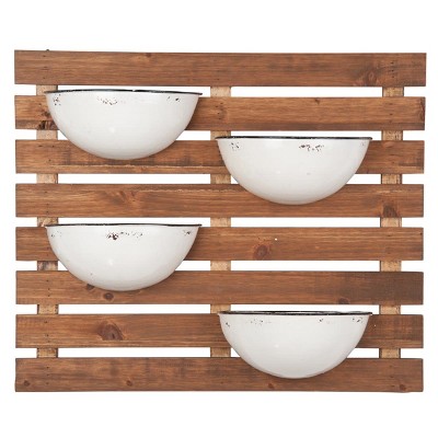 Rustic Slat Wood Wall Planter with Four Distressed White Enamel Pots - Foreside Home & Garden