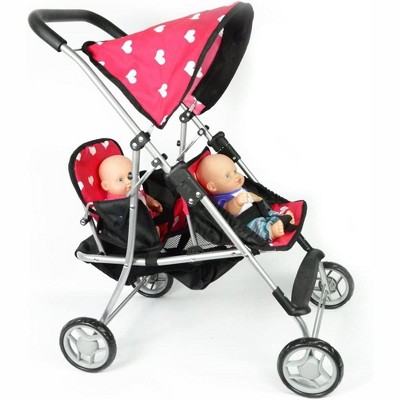 Pink Hearts Twin Doll Stroller with Large Canopy