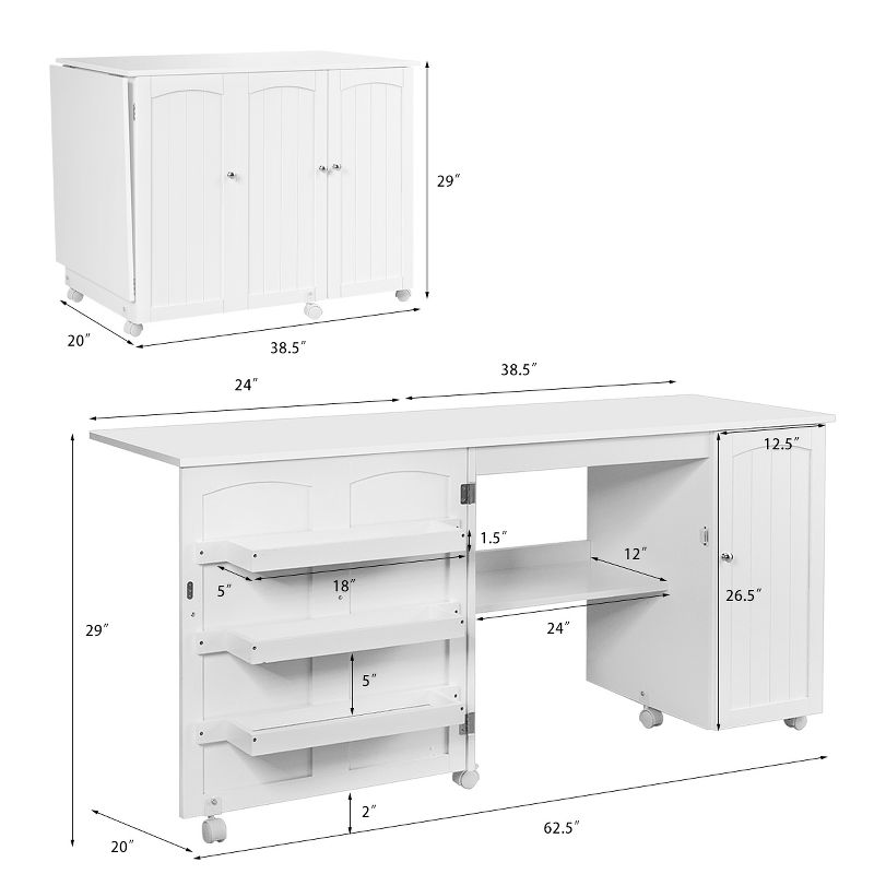 Folding Sewing Table Shelves Storage Cabinet Craft Cart W/Wheels Large White, 2 of 11