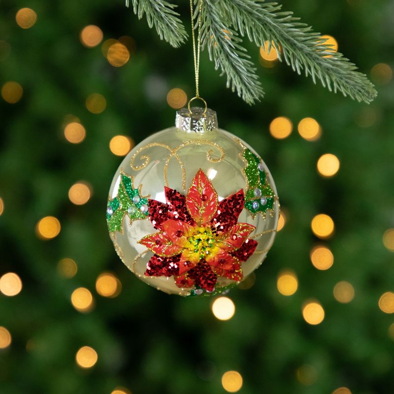 Northlight 4" Red Glittered 2-D Poinsettia Glass Christmas Ball Ornament, 2 of 6