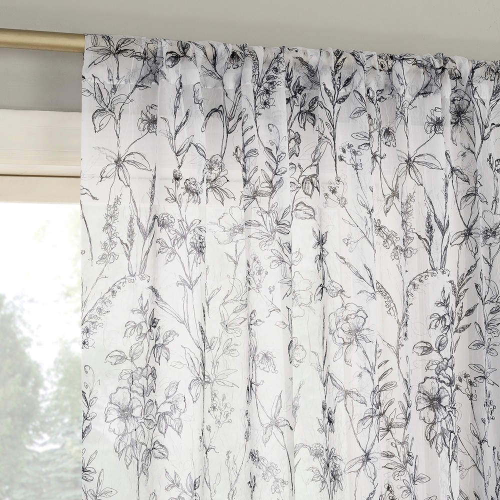 51"x84" No. 918 Sheer Ambree Vintage Floral Rod Pocket Curtain Panel Black/White: Botanical Voile Curtain