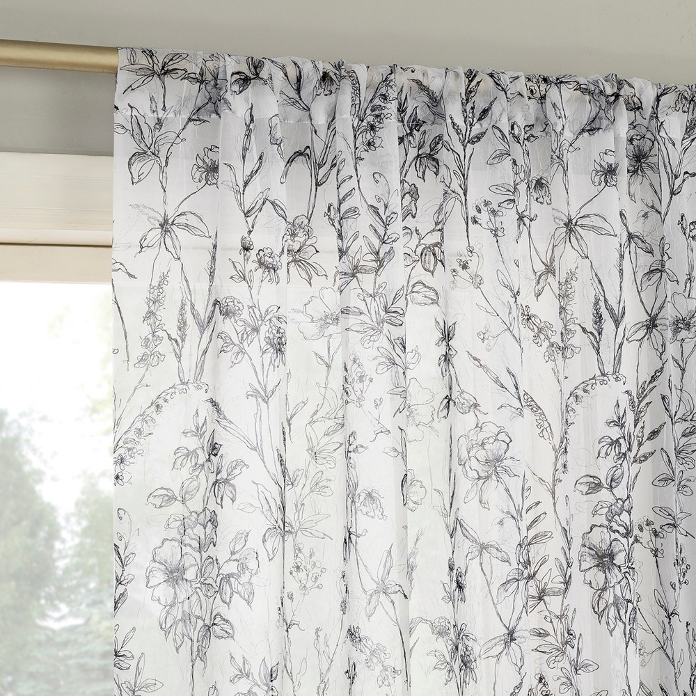 Photos - Curtains & Drapes 51"x84" No. 918 Sheer Ambree Vintage Floral Rod Pocket Curtain Panel Black