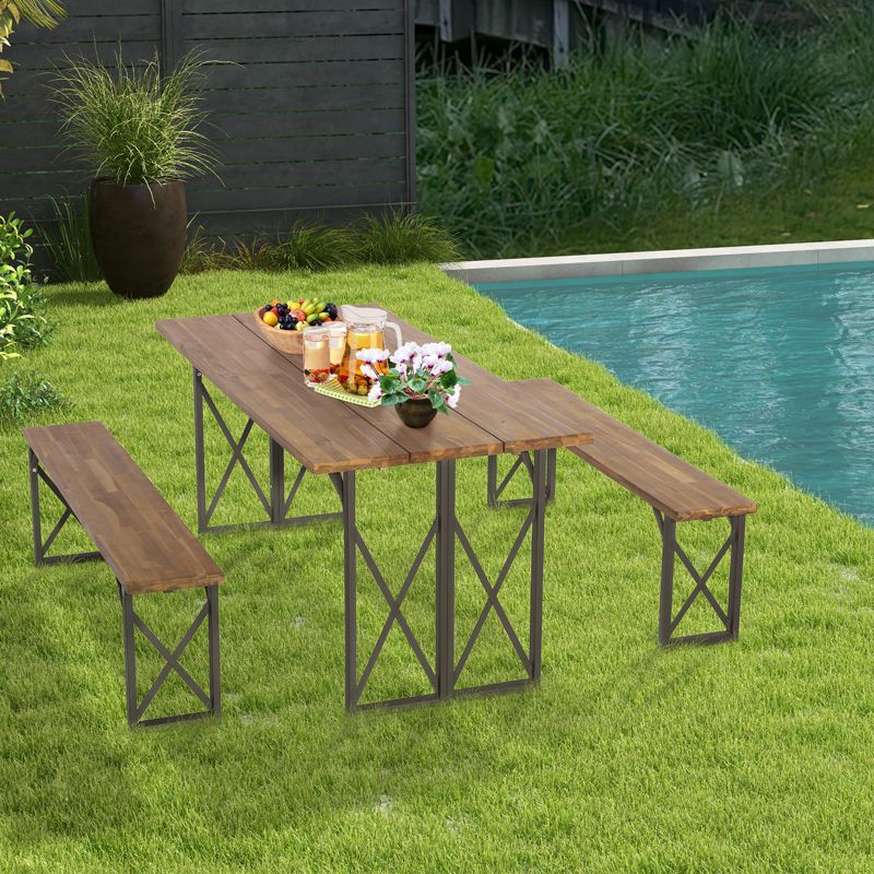 Tangkula 3 Piece Patio Picnic Table Bench Set, Outdoor Camping Table Set w/ Acacia Wood Tabletop & Seat 2” Umbrella Hole, 3 of 11