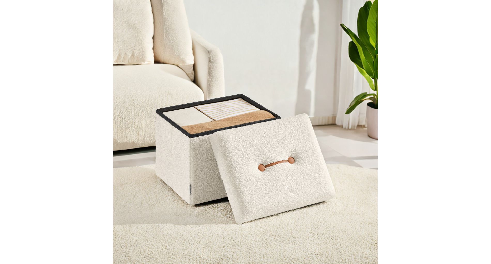 Small Folding Storage Ottoman, Foot Rest Stool, 12.2 x 16.1 x 12.2 Inches, Ottoman with Storage, Cream White