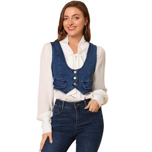 Allegra K Women's Vintage Button-Up Sleeveless Cropped Jean Waistcoat Vest - 1 of 4