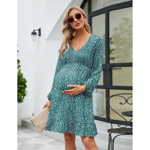 Women's Maternity Casual Smocked Long Sleeve Boho Dress Fall V Neck Flowy Midi Dress Baby Shower Photoshoot - 1 of 4