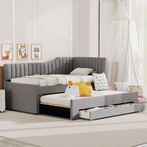 Full/Twin Size Upholstered Daybed, Wood Platform Bed Frame with Twin Trundle Bed and Three Storage Drawers -ModernLuxe - 1 of 4