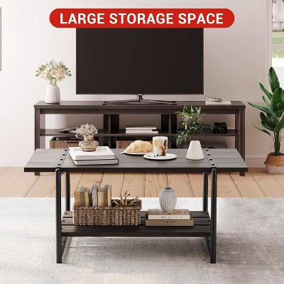 41" Farmhouse Coffee Table with Storage Shelf, 2 Tie Rectangle Center Table with Storage, Simple Office Cocktail Tea Table