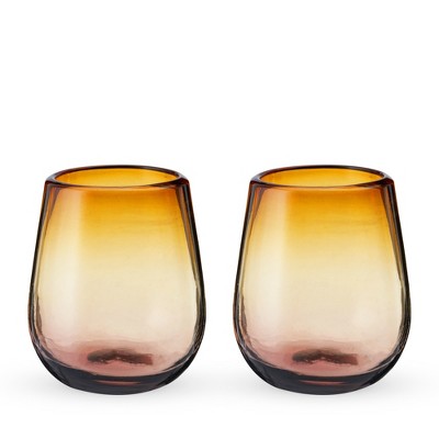 Twine Living El Ocaso Stemless Wine Glasses, Recycled Drinking Glass, Sunset Inspired Yellow and Purple Gradient, 13 oz, Set of 2