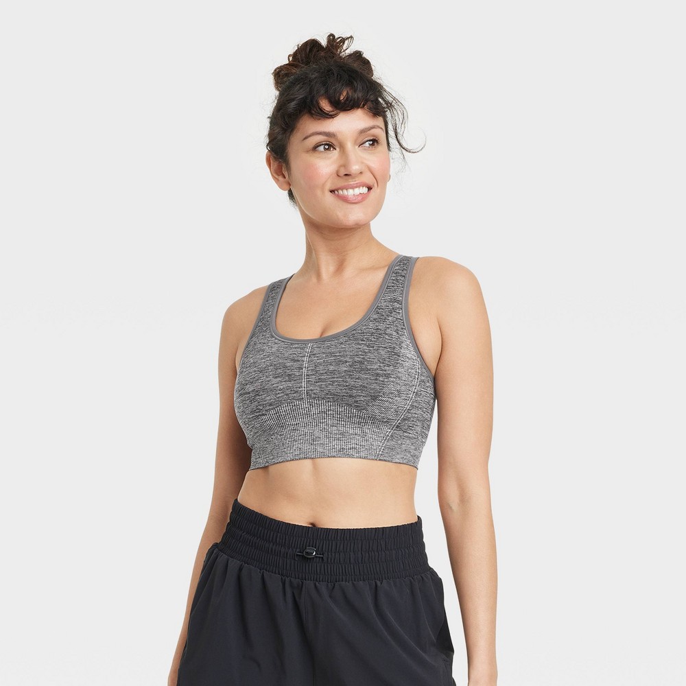 Women's Seamless Medium Support Racerback Midline Sports Bra - All In Motion™ Heathered Black L -  86864970