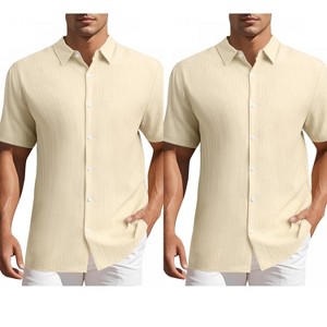 INSPIRE CHIC Men's Point Collar Short Sleeve Button Down Summer Linen Shirt 2 Packs - 1 of 4