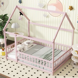 Full Size House Floor Bed with Roof Frame, Bed with Rubber Wood Construction, Montessori Kids Bed with Safety Fence Design-Baofuwish - 1 of 4