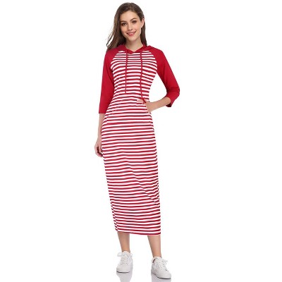 Womens Hoodie Sweat Dress 3/4 Sleeve Slim Fit Hooded Maxi Dress Stripe Summer Dress Soft Lounge Dress