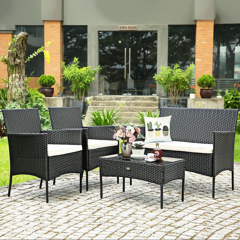 Costway 4PCS Rattan Patio Furniture Set Cushioned Sofa Chair Coffee Table, 4 of 9
