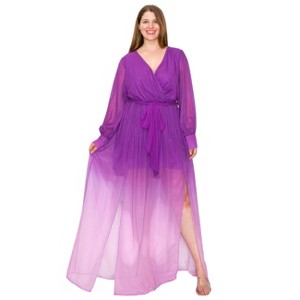 Slickblue Plus Size Magenta Ombre Chiffon Wrap Front Maxi Dress, Long Sleeves, Slit Front, Size 1XL-3XL - 1 of 4