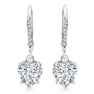 Pompeii3 2.07Ct TW Heart Diamond Dangle Lever Back Hoops 14k White Gold Lab Created