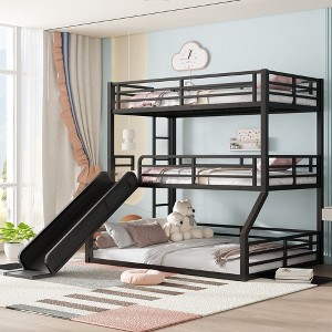TIRAMISUBEST Twin/Twin/Full, Full/Full/Full, Queen/Queen/Queen, 3 Sizes Metal Triple Bunk Bed Frame with Slide & Ladder - 1 of 4