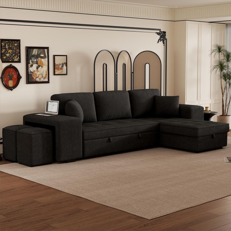 104" Pull Out Sleeper Sofa, Reversible L-Shape Sectional Couch with Storage Chaise and 2 Stools-ModernLuxe, 1 of 15