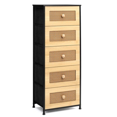 Pellebant Vertical Dresser for Bedroom Storage Tower 5-Drawer Steel Frame Wood Top Easy Pull Non-woven Fabrics Drawer