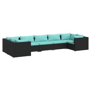 vidaXL 7-Piece Black Poly Rattan Patio Lounge Set with Water-Blue Cushions, Modular Outdoor Furniture, Easy-Care - 1 of 4