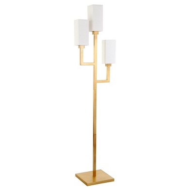 Hudson and Canal 3-Light Torchiere Floor Lamp with Fabric Shade Brass/White: Metal Body, Push Button Switch