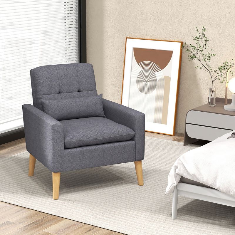 Tangkula Mid-century Modern Accent Chair Linen Fabric Reading Armchair w/ Lumbar Pillow Grey, 2 of 9