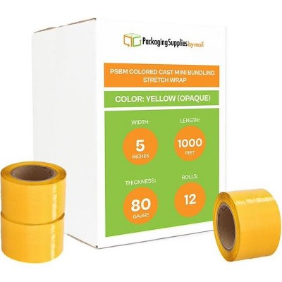 PSBM 12 Rolls 5" x 1000 Ft. Yellow Hand Wrap Stretch Shrink Film with Handle, 80 Ga