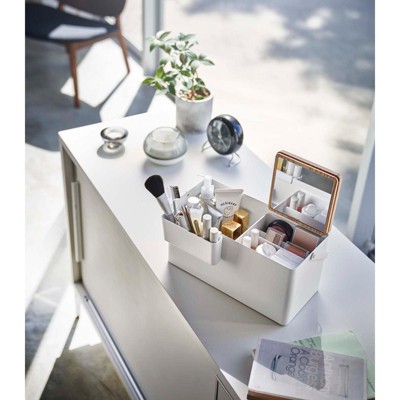 White Steel and Wood Makeup Organizer with Mirror and Handle