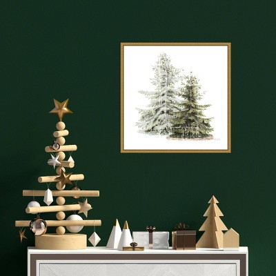 16" x 16" Vintage Wooded Holiday Trees in Snow by Katie Pertiet Framed Canvas Wall Art - Amanti Art: Seasonal Decor, Lithograph Print