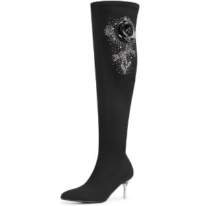 BLISSFUL STEP Women's Pointed Toe Stiletto Heel Rhinestone Flower Over the Knee High Boots - 1 of 4