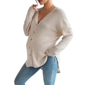 Maternity Fall Outfits Knit Rib Cardigans V Neck Side Slit Loose Fit Cardigan for Pregnancy Women Soft Knitwear Maternity Warm Coat - 1 of 4