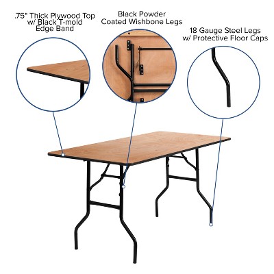 5-Foot Black Metal and Brown Wood Folding Banquet Table