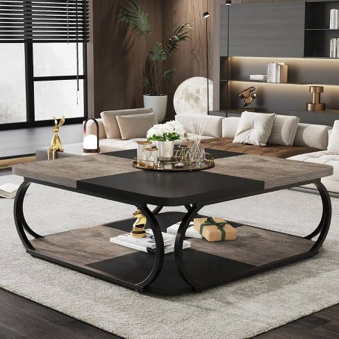 Hommoo 39 Inch Farmhouse 2 Tier Square Coffee Tables Black - image 1 of 4