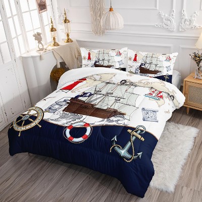 Nautical Comforter Set Full Size – Sailboat & Lighthouse Ocean Bedding with 1 Comforter & 2 Pillowcases, Sea Anchor Quilt Set for Boys Girls Men Women