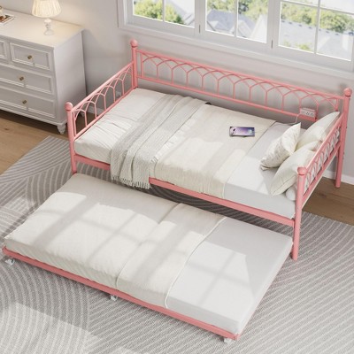 homfan Twin Daybed with Trundle, Metal Sofa Bed Frame with Pull Out Trundle for Living Room, Bedroom, Apartment and Small Spaces