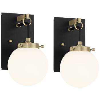 Possini Euro Design Olean Modern Wall Light Sconces Set of 2 Black Brass Hardwired 6" Fixture Frosted Globe Glass for Bedroom Bathroom