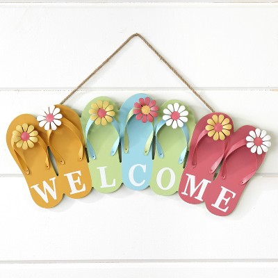 Lakeside Wooden Flip Flop Welcome Sign - Nautical Beach House Porch Accent