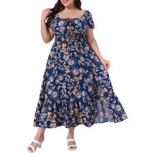 Agnes Orinda Women's Plus Size Floral Tie Notched Neck Puff Short Sleeve Side Slit A Line Maxi Dress - 1 of 4