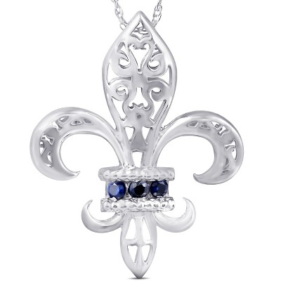 Pompeii3 Blue Sapphire Vintage Fleur De Lis Pendant 10KT White Gold W/ 18" Chain 1" Tall