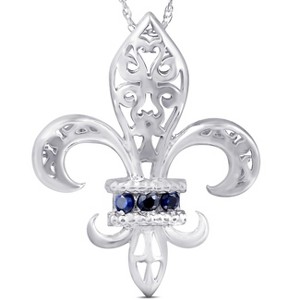 Pompeii3 Blue Sapphire Vintage Fleur De Lis Pendant 10KT White Gold W/ 18" Chain 1" Tall - 1 of 4