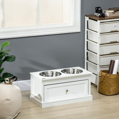 White Elevated Dog Bowl Stand with Stainless Steel Bowls and Storage Drawer
