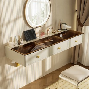 Wall Mounted Vanity Desk with Glass Top, 47" Floating Makeup Table with 3 Drawers, Organizer & Tablet Holder-3irtyhousy - 1 of 4