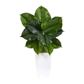 Nearly Natural 34-in Large Philodendron Leaf Artificial Plant in White Metal Planter