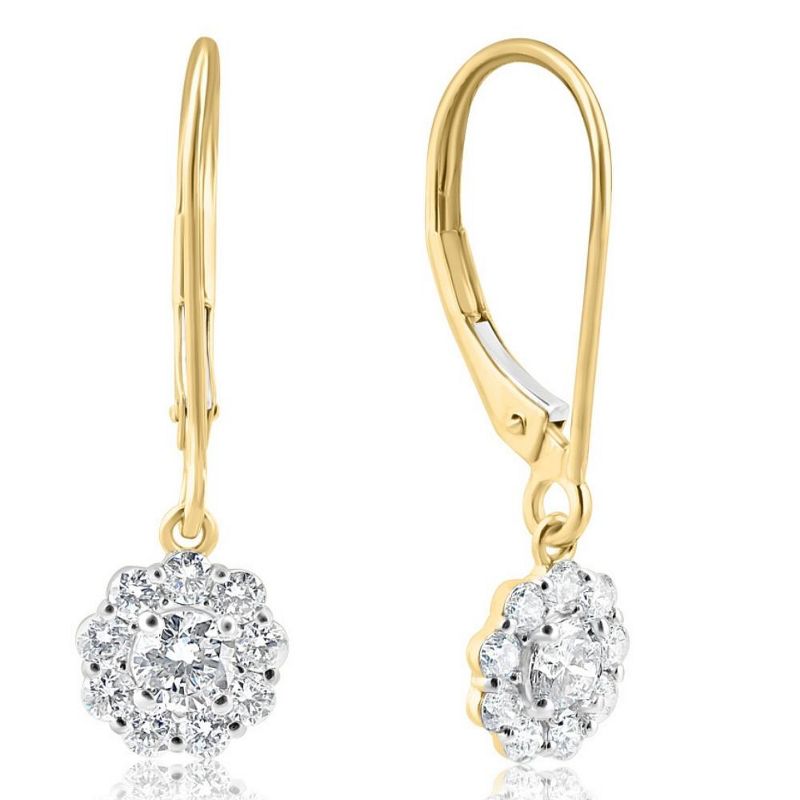 Pompeii3 1Ct Diamond Floral Shape Studs Lab Created Earrings White or Yellow Gold, 2 of 4