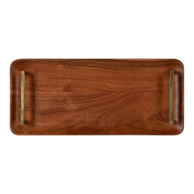 Walnut Brown Acacia Wood Rectangular Serving Tray with Gold Handles