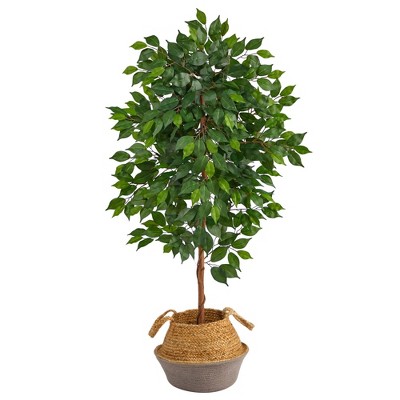 Nearly Natural 4-ft Ficus Artificial Tree in Boho Chic Handmade Cotton & Jute Gray Woven Planter